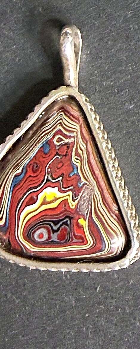 Sterling silver fordite triangle pendant, front