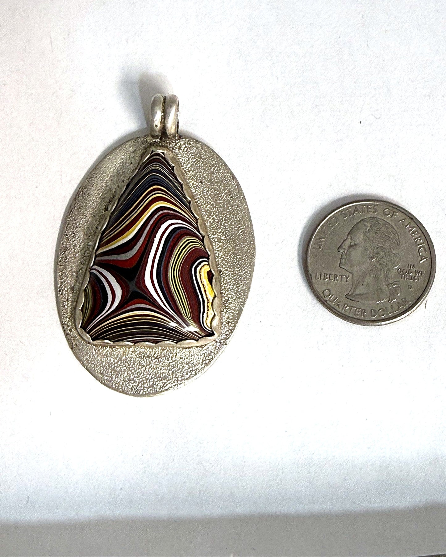 Sterling silver fordite Detroit agate oval pendant, front view