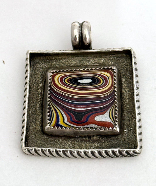 Sterling silver fordite Detroit agate square shadowbox pendant, front view
